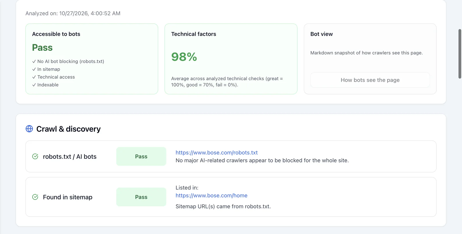 AI readability results showing bot access checks passing and a 98% technical score